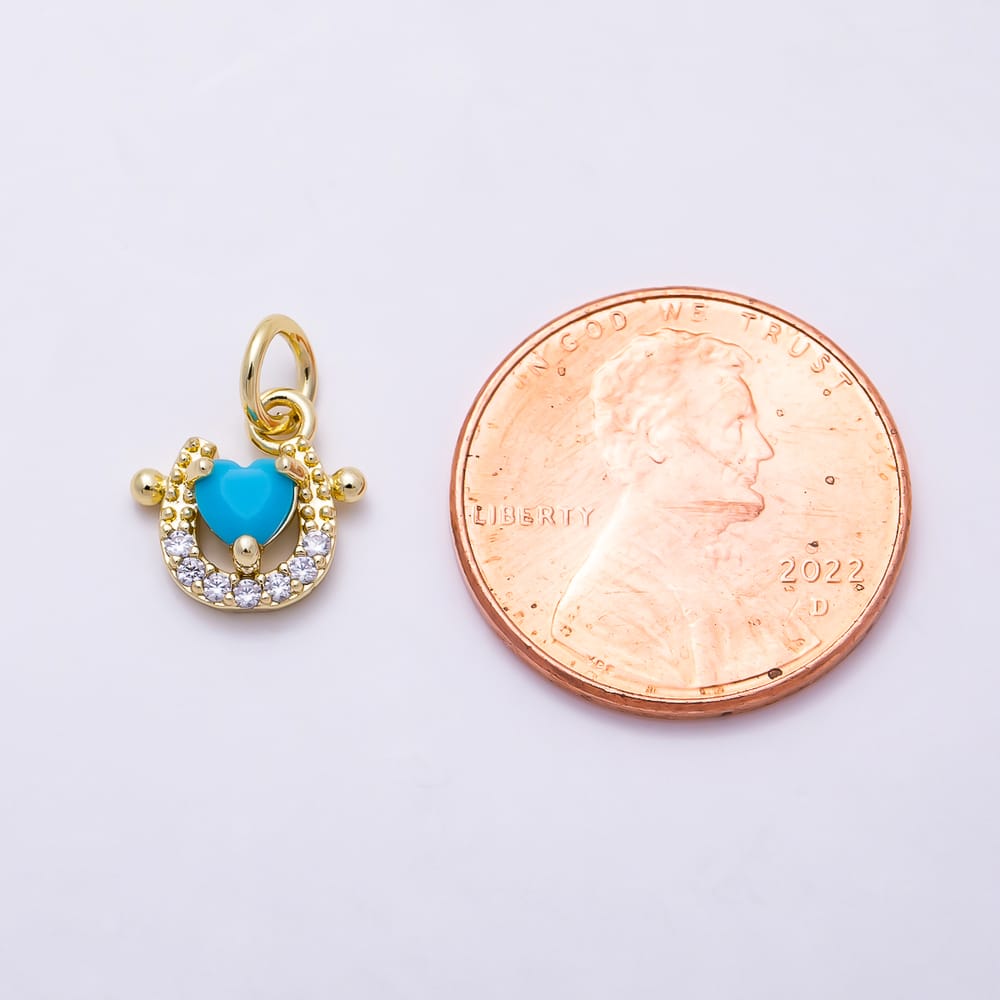 16K Gold Filled 10mm Heart Turquoise Micro Paved CZ Lucky Horseshoe Charm | Charms-02169