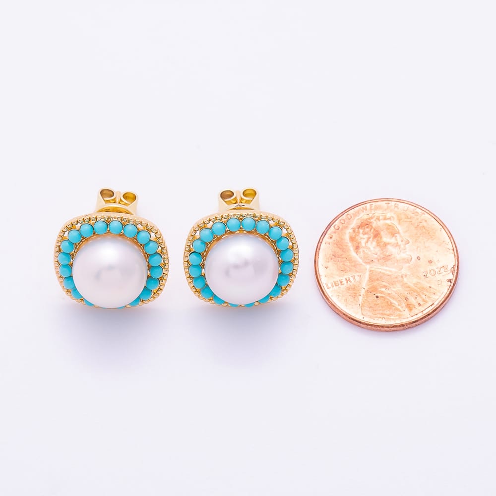 16K Gold Filled 15mm Shell Pearl Turquoise Round Square Stud Earrings in Gold & Silver | Earrings-01233 Earrings-01234