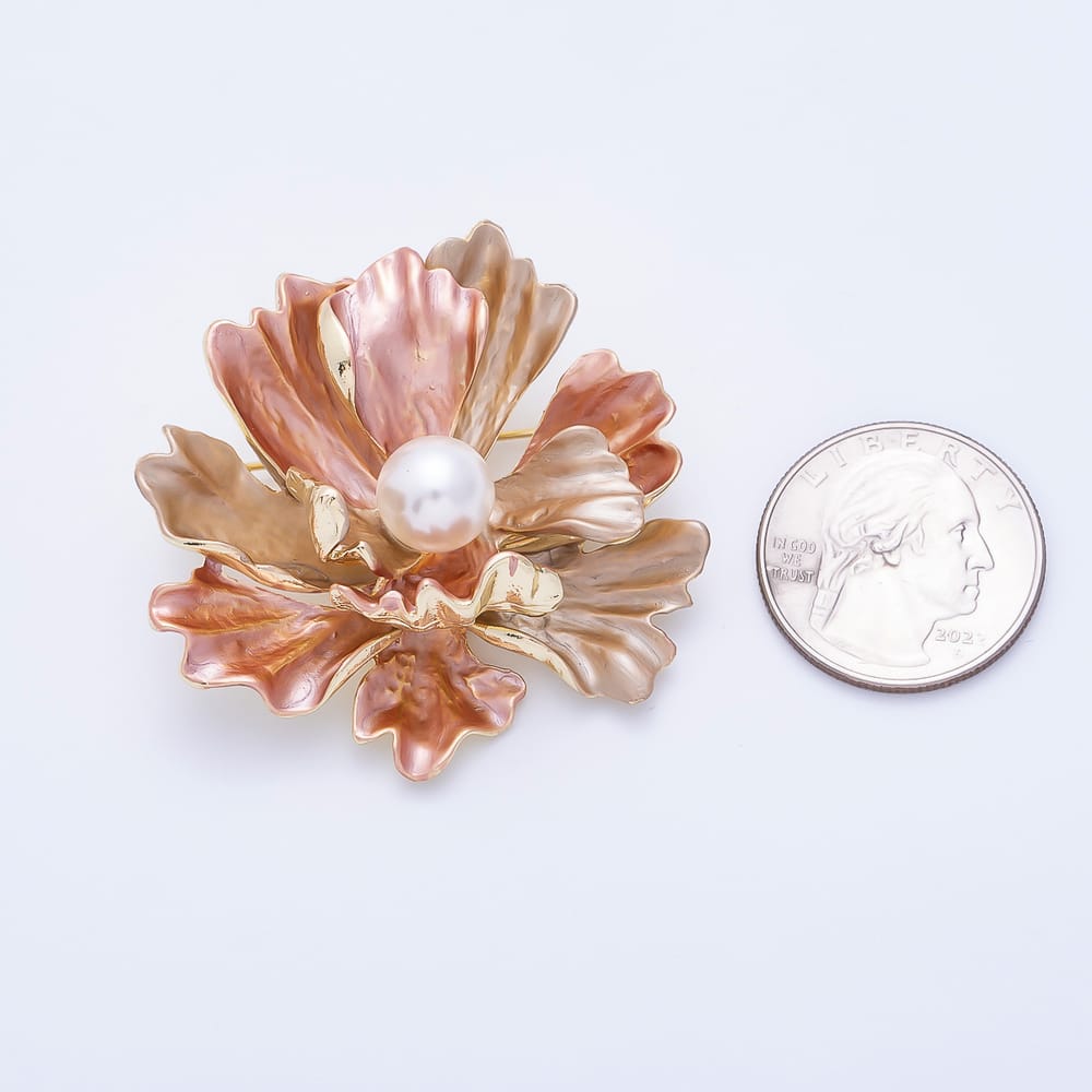 Vintage Gold Shell Pearl Round Layered Peony Flower Pin Brooch | BH-00273