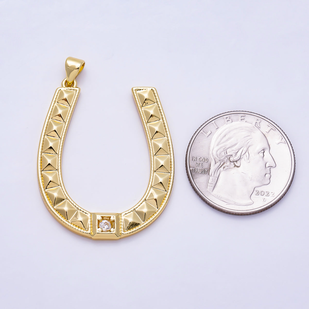 16K Gold Filled 36mm Clear Solitaire CZ Pyramid Studded Horseshoe Lucky Pendant | Charms-01931
