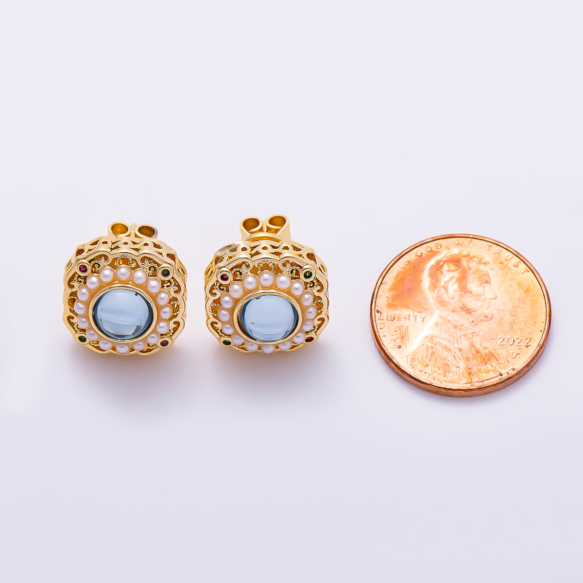 16K Gold Filled 18mm Vintage Filigree Shell Pearl Light Blue Cabochon Stud Earrings | Earrings-00838 - Earrings-00839