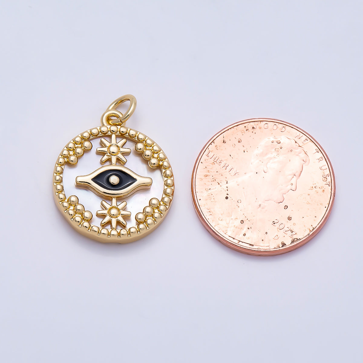 16K Gold Filled 18mm Star Evil Eye Black Enamel Shell Pearl Round Charm | Charms-01353