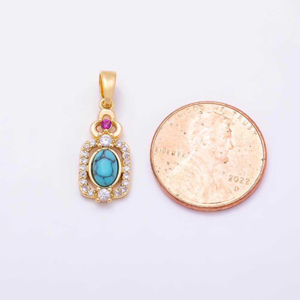 16K Gold Filled 18mm Turquoise Cabochon Micro Paved CZ Bezel Oval Pendant | Charms-02344 - Charms-02345