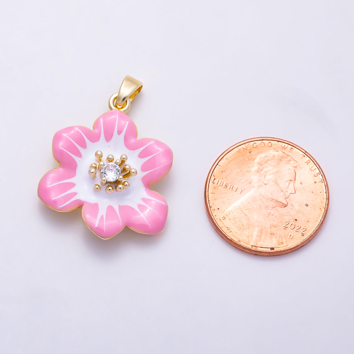 16K Gold Filled 24mm CZ Pink White Enamel Blooming Flower Pendant | Charms-02003