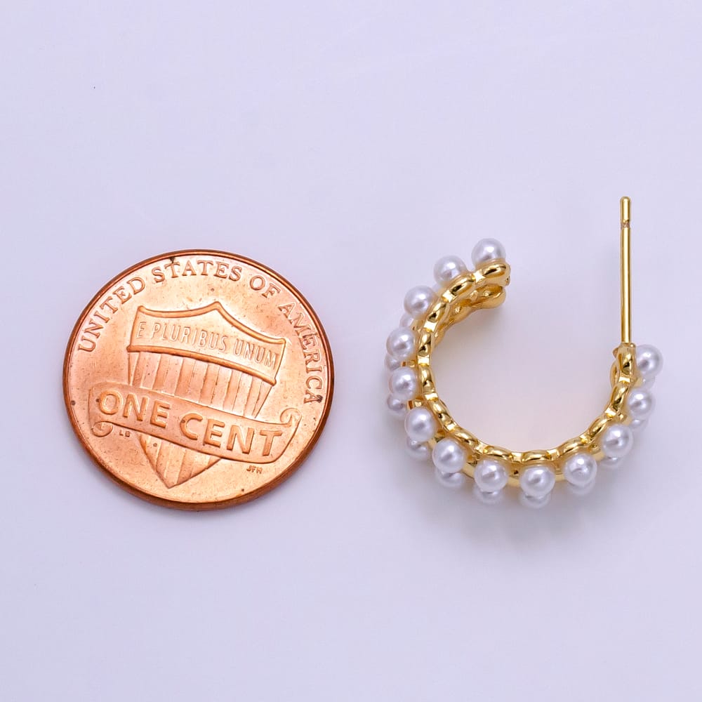 16K Gold Filled 20mm Shell Pearl Round Beaded Triple Band C-Shaped Hoop Earrings