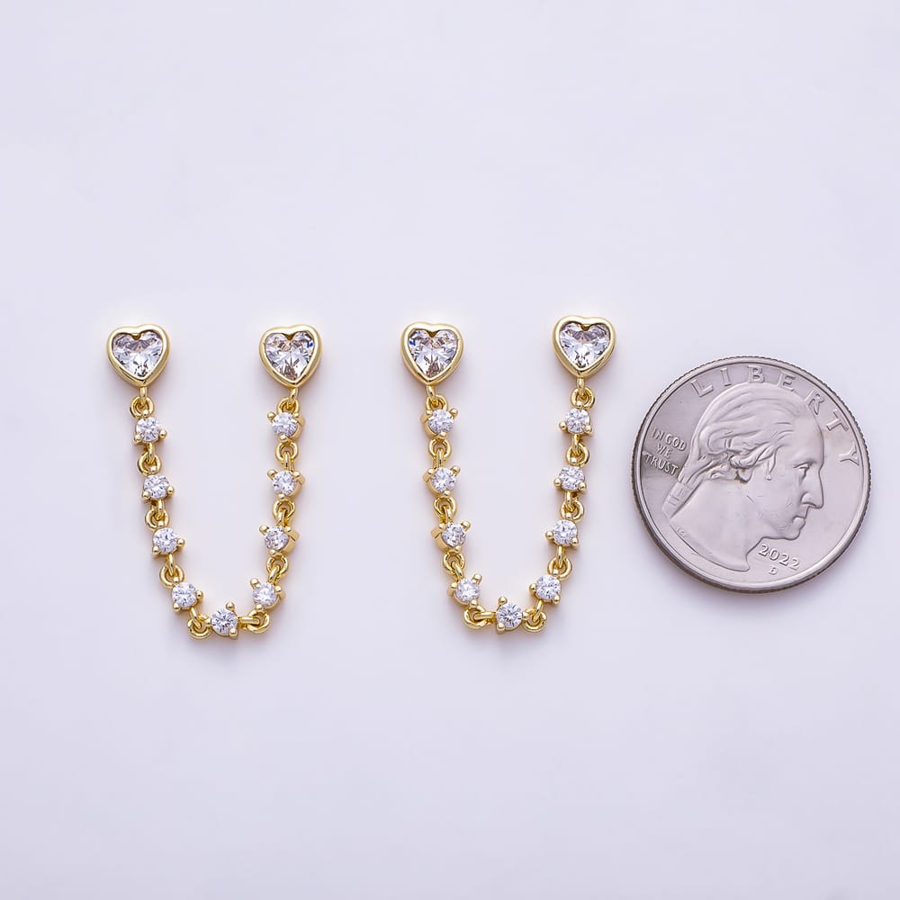 16K Gold Filled 66mm Twin Heart CZ Double Piercing Tennis Chain Link Stud Earrings | Earrings-00915