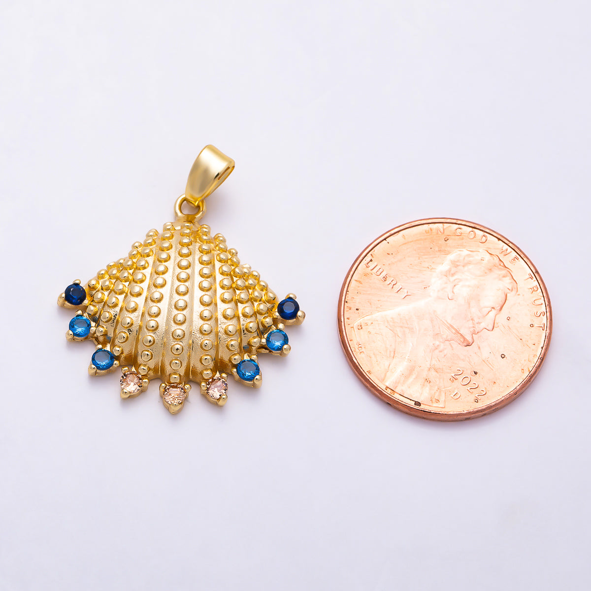 16K Gold Filled 22mm Multi-Color CZ Textured Ocean Seashell Pendant | Charms-01989