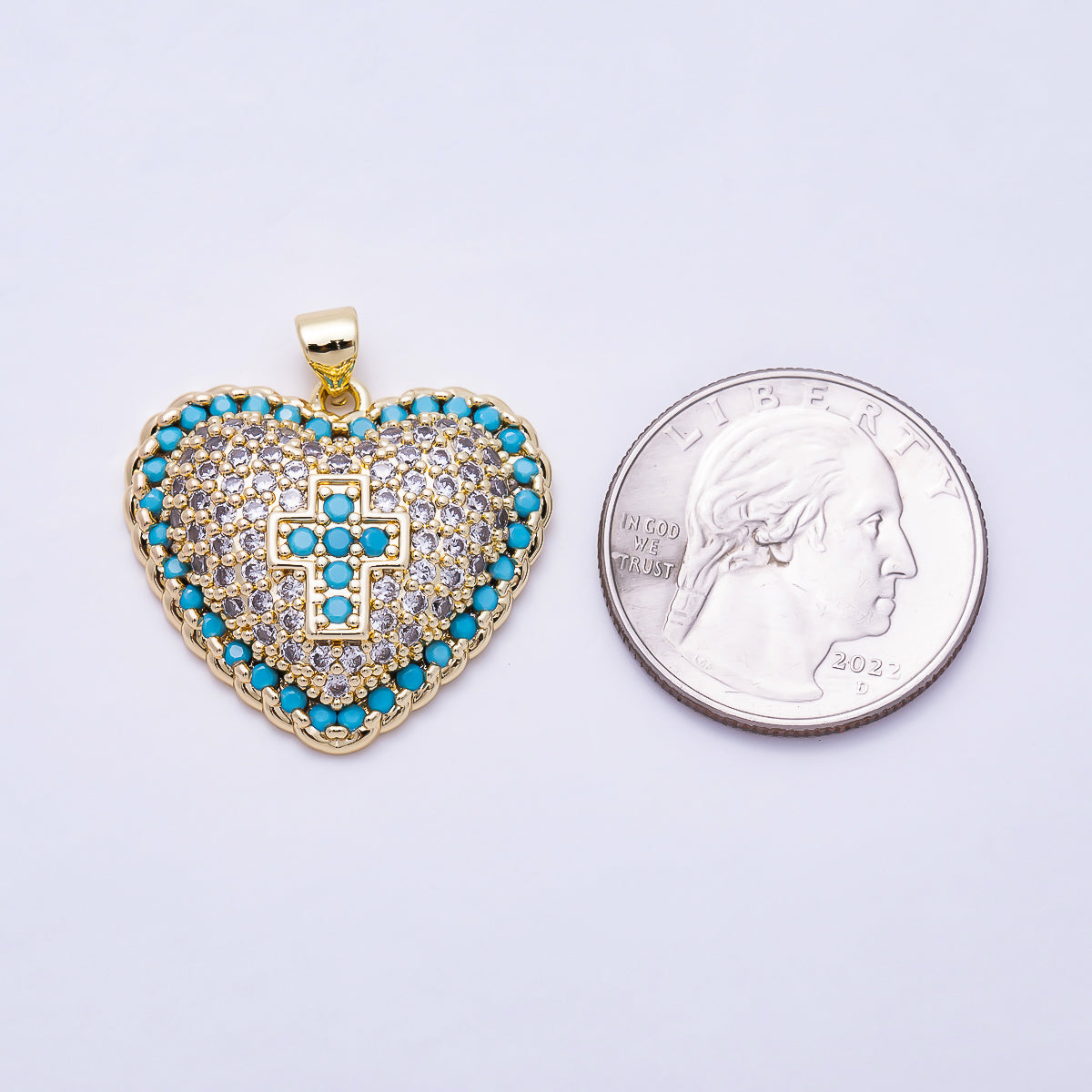 16K Gold Filled 25mm Turquoise and Clear Micro Paved CZ Cross Puffy Heart Religious Pendant | Charms-01929