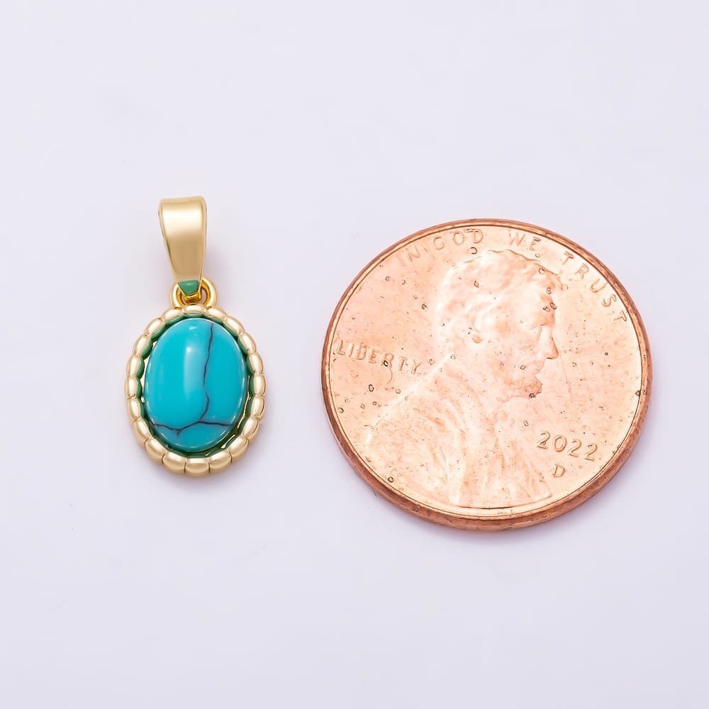 16K Gold Filled 15mm Turquoise, Tiger Eye Cabochon Bezel Oval Pendant in Gold & Silver | Charms-02335 ~ Charms-02338