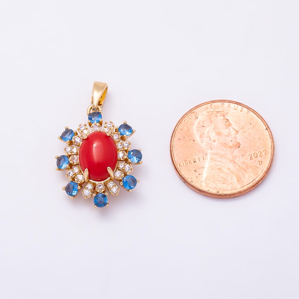 16K Gold Filled 20mm Red Carnelian Cabochon Multicolor CZ Bezel Oval Pendant | Charms-02321
