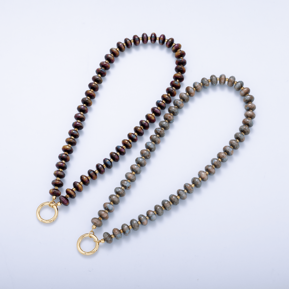 16K Gold Filled 10mm Grey, Blue Agate Rondelle Push Gate Charm Connector Holder Ring Gemstone Chain 17 Inch Necklace | WA-02291 WA-02292
