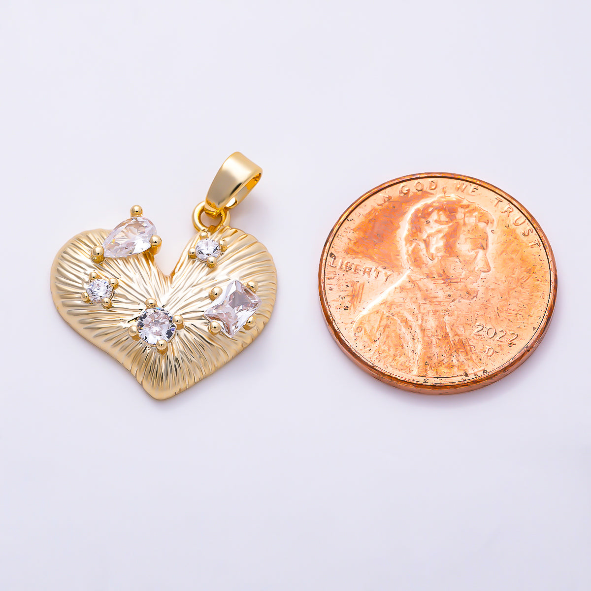 16K Gold Filled 18mm Multi-Cut Clear CZ Sunburst Textured Heart Pendant | Charms-02059