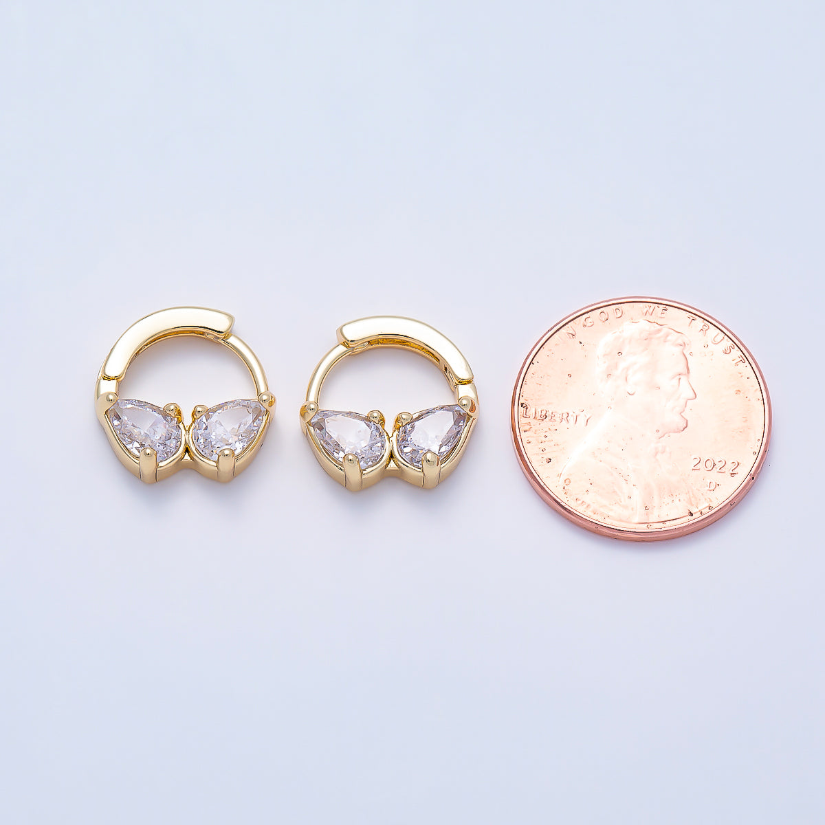 16K Gold Filled 13.5mm Double Clear CZ Teardrop Cartilage Huggie | Earrings-00756