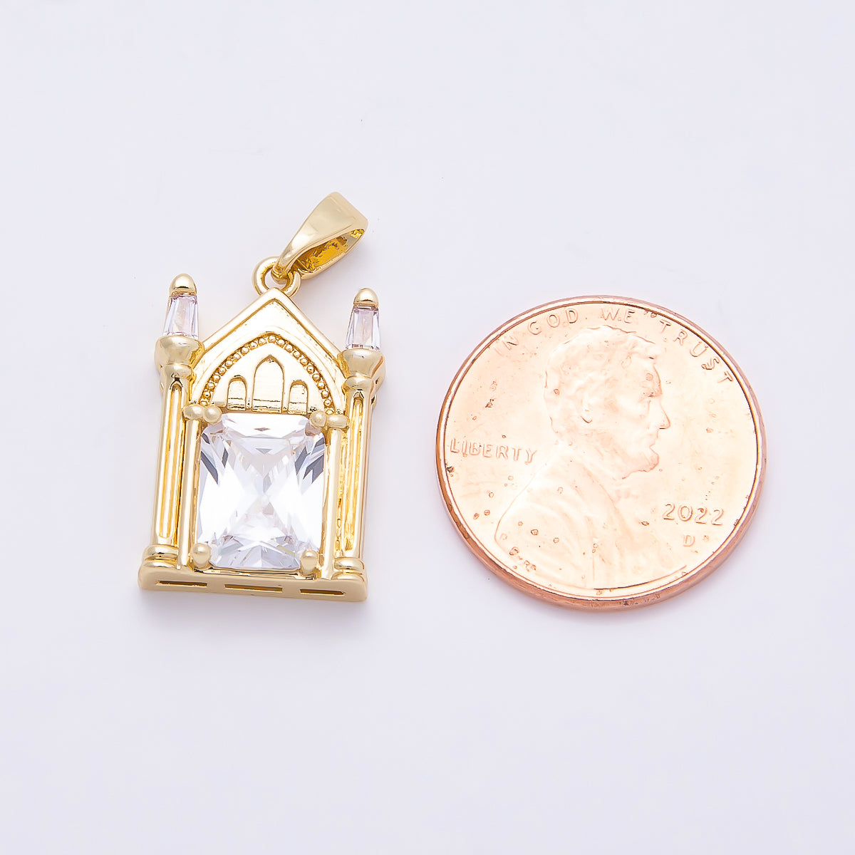 16K Gold Filled 20mm Clear CZ Baguette Vintage Church Castle Pendant | Charms-01037