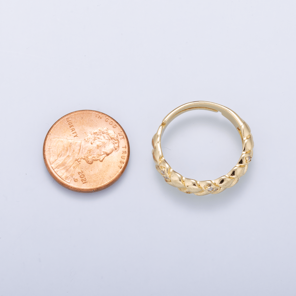 16K Gold Filled Micro Paved CZ Lined Textured Woven Adjustable Ring | Rings-00435