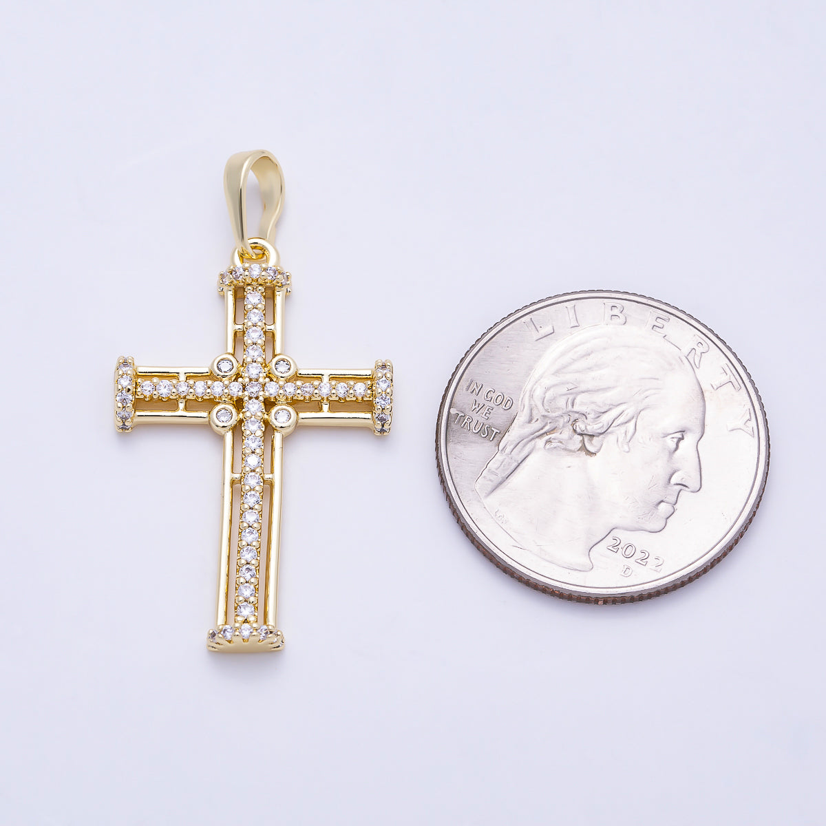 16K Gold Filled 32mm Micro Paved CZ Lined Religious Cross Pendant | Charms-01399