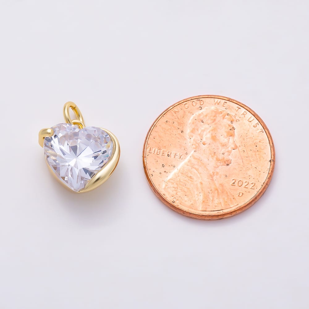 16K Gold Filled 12mm Clear CZ Molten Bezel Heart Charm in Gold & Silver | Charms-02284 Charms-02285