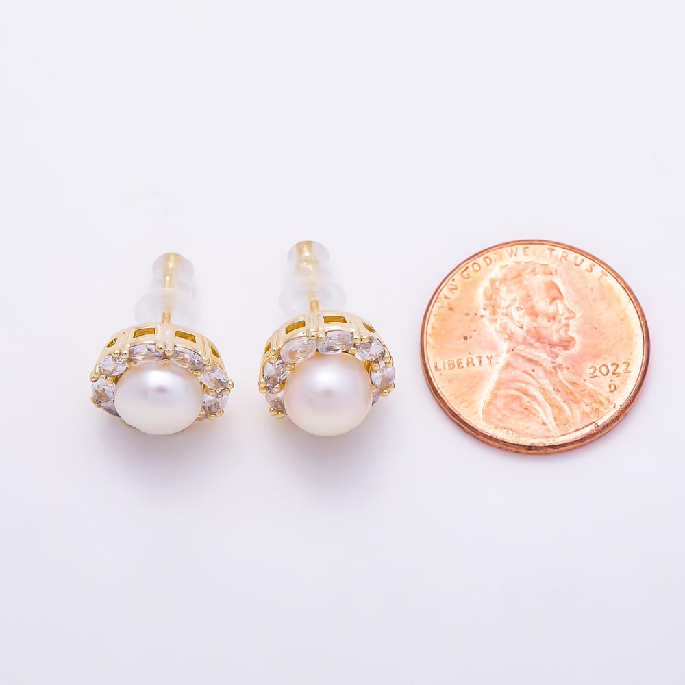 16K Gold Filled 11.5mm Clear Oval CZ Shell Pearl Round Stud Earrings in Gold & Silver | Earrings-01007 Earrings-01008