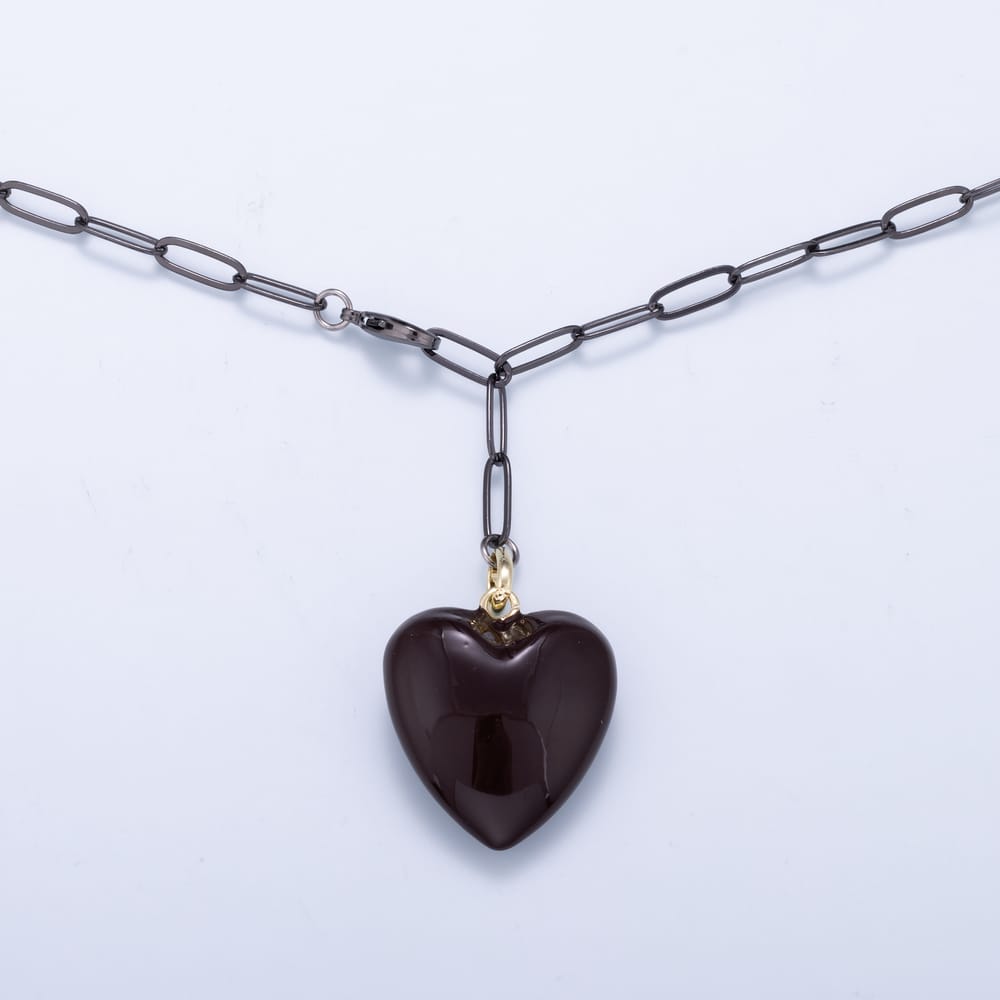 5mm Black Heart Enamel Drop Lariat Paperclip Chain 35 Inch Necklace | WA-02293