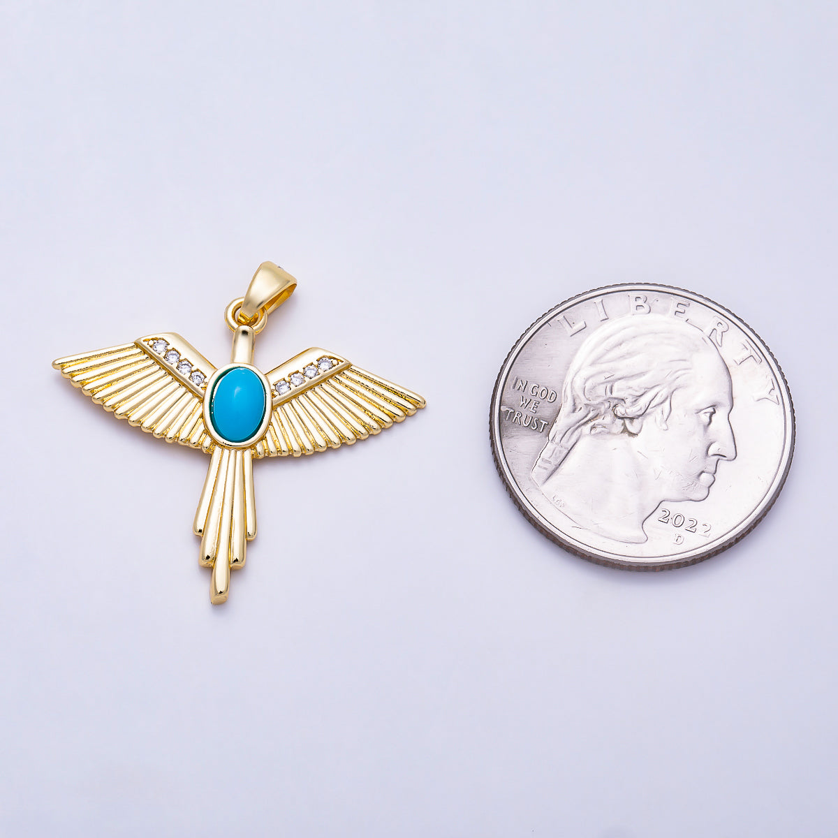 16K Gold Filled 30mm Turquoise Micro Paved CZ Geometric Ribbed Wings Pendant | Charms-01995