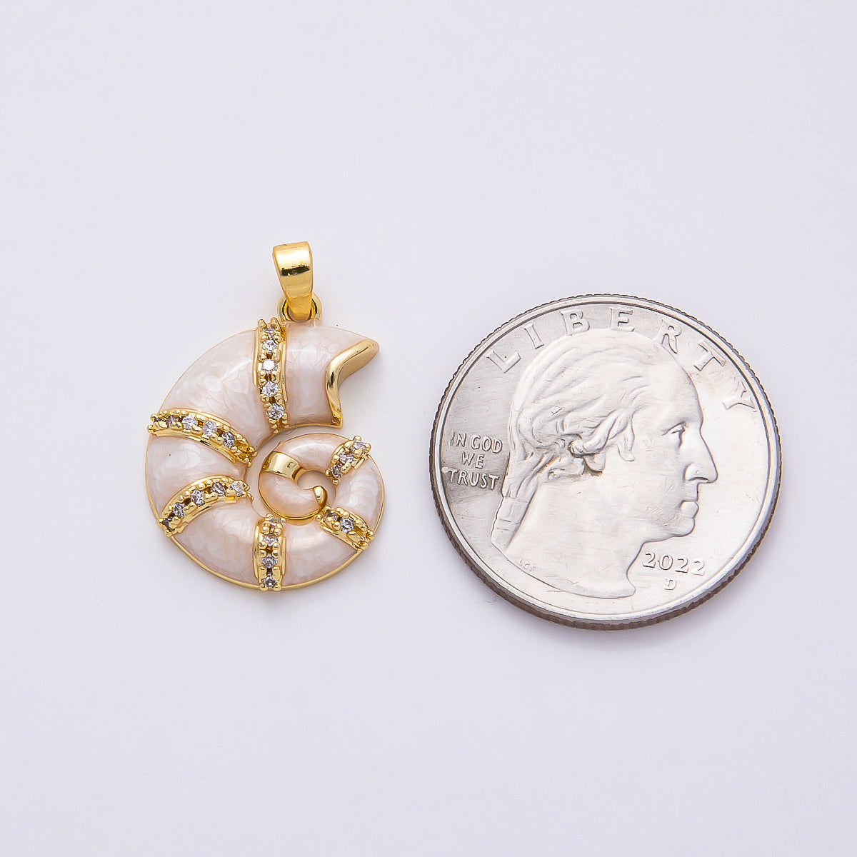 16K Gold Filled 22mm White Glitter Enamel Micro Paved CZ Conch Sea Shell Pendant | Charms-00771