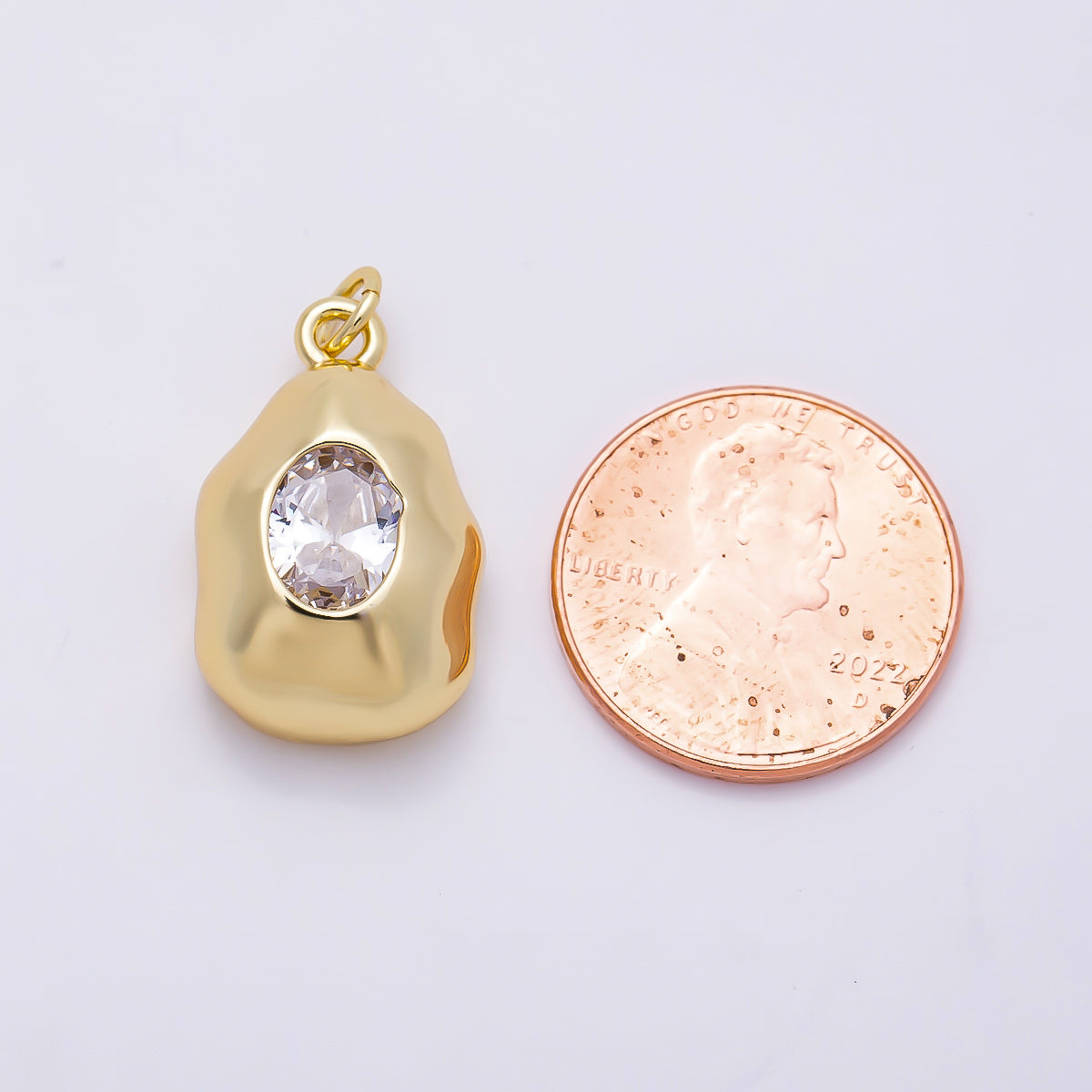 16K Gold Filled 21mm Clear CZ Oval Geometric Molten Bezel Chubby Charm | Charms-01359