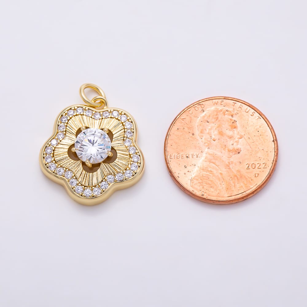 16K Gold Filled 17mm Clear Micro Paved CZ Ribbed Sunburst Flower Charm in Gold & Silver | Charms-02292 Charms-02293