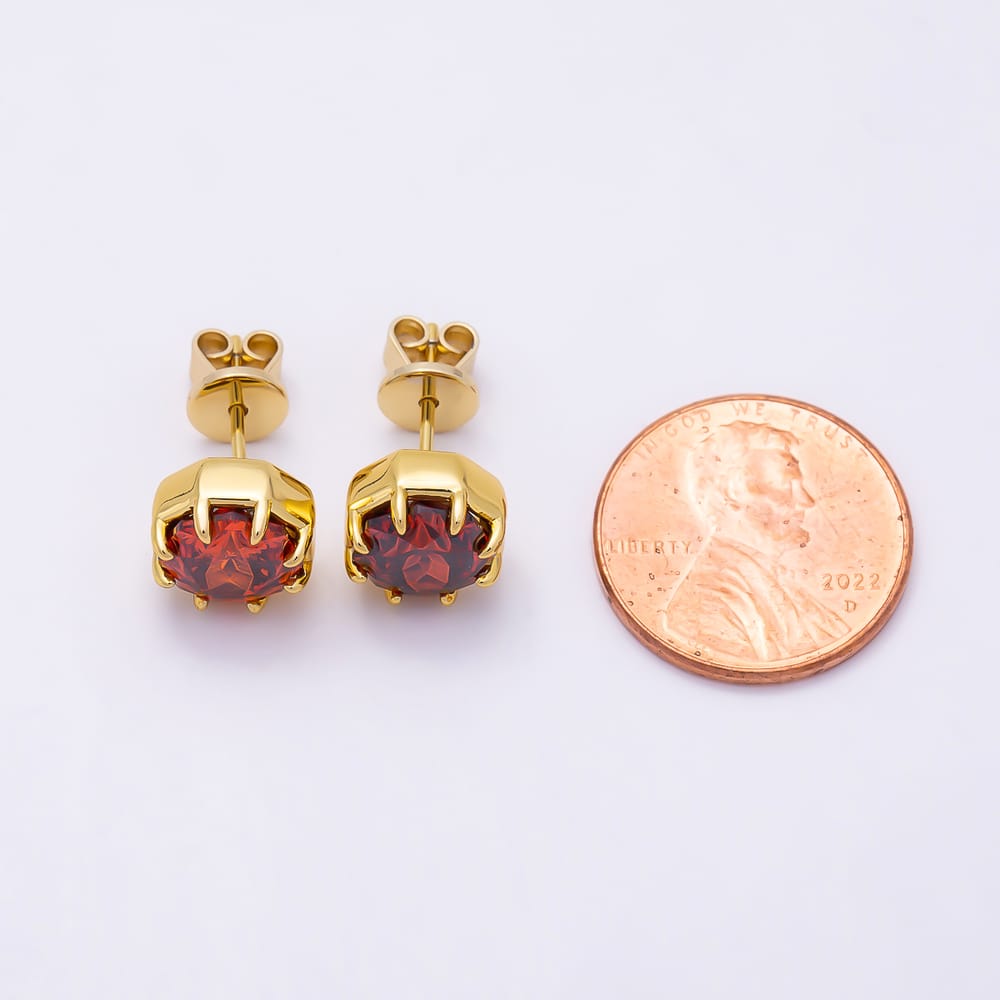 16K Gold Filled 18mm Dark Red CZ Claw Hexagon Solitaire Stud Earrings | Earrings-01161