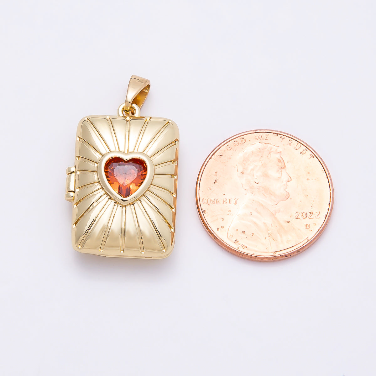 16K Gold Filled 22mm Red Heart CZ Sunburst Rectangle Locket Pendant | Charms-01035