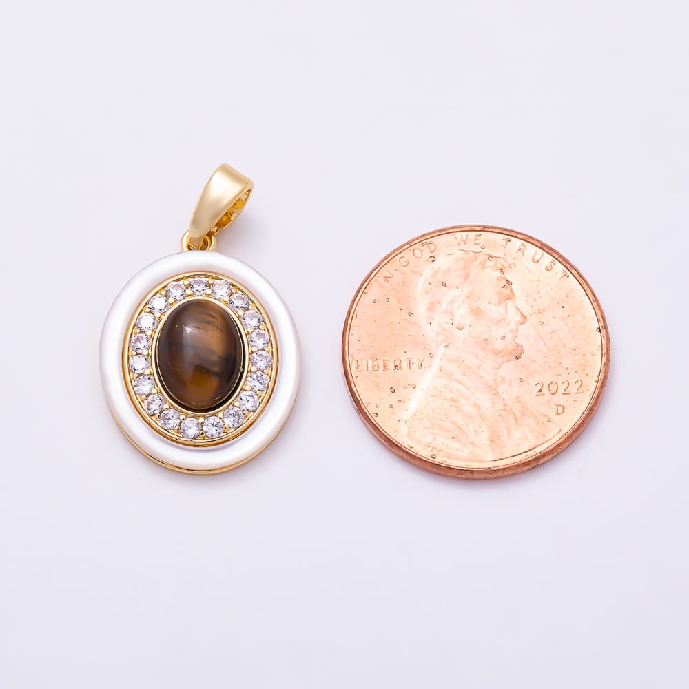 16K Gold Filled 18mm Micro Paved CZ Shell Pearl Tiger Eye Cabochon Gemstone Oval Pendant in Gold & Silver | Charms-02329 Charms-02330