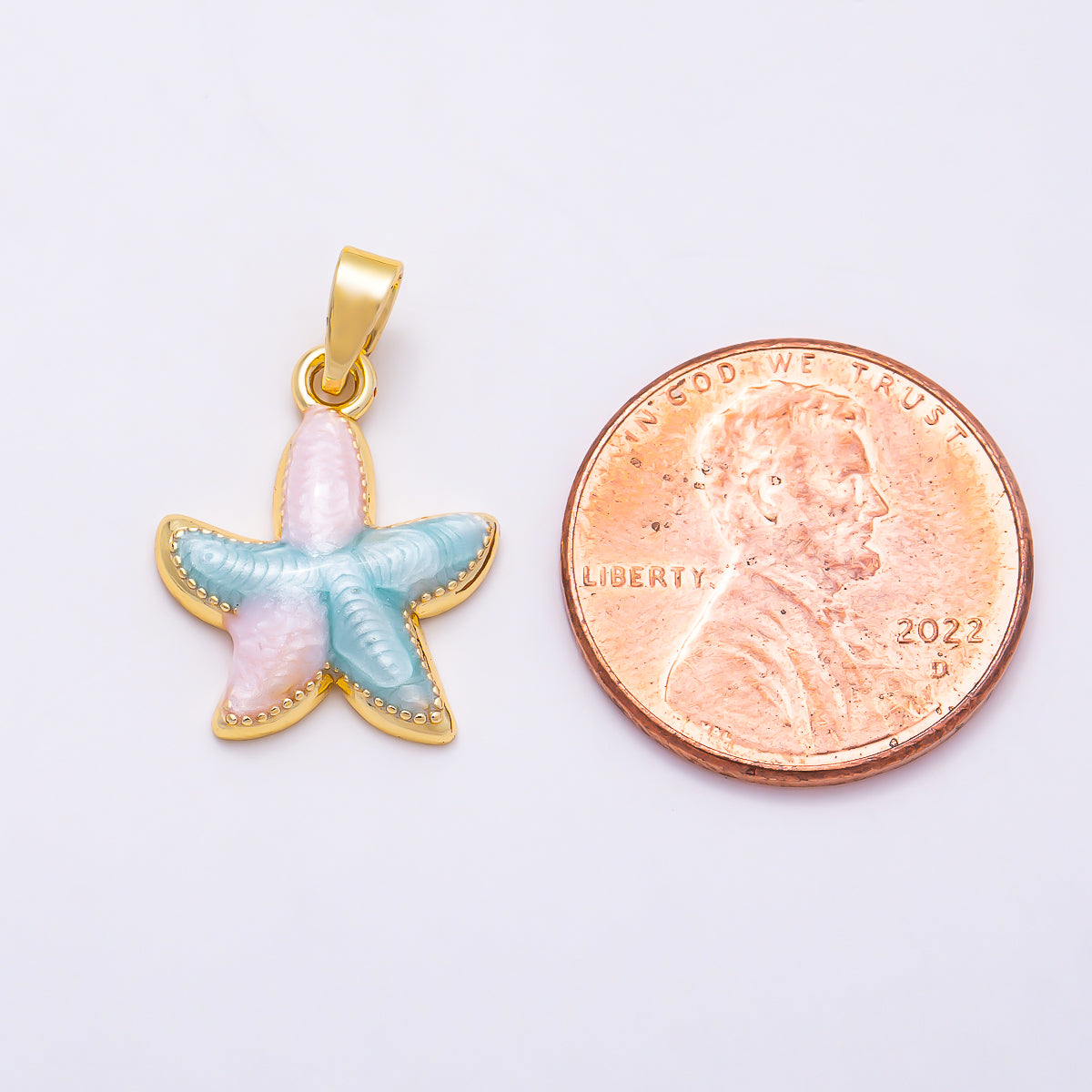 16K Gold Filled 17mm Pink, Blue Enamel Ocean Beach Starfish Pendant | Charms-01891