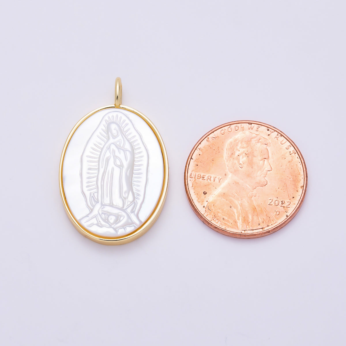 16K Gold Filled 26.5mm White Shell Pearl Lady Guadalupe Mary Oval Charm