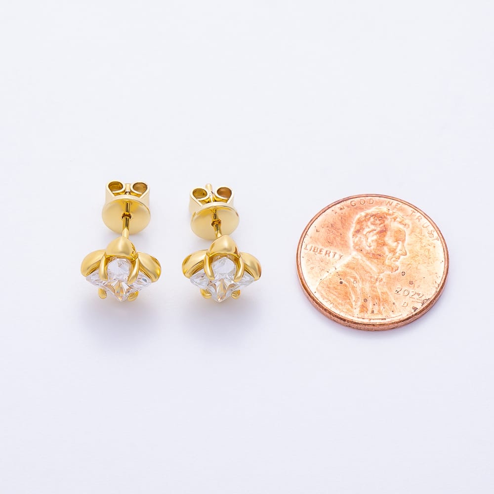 16K Gold Filled 18mm Clear CZ Four Petal Prong Bezel Solitaire Stud Earrings | Earrings-01237