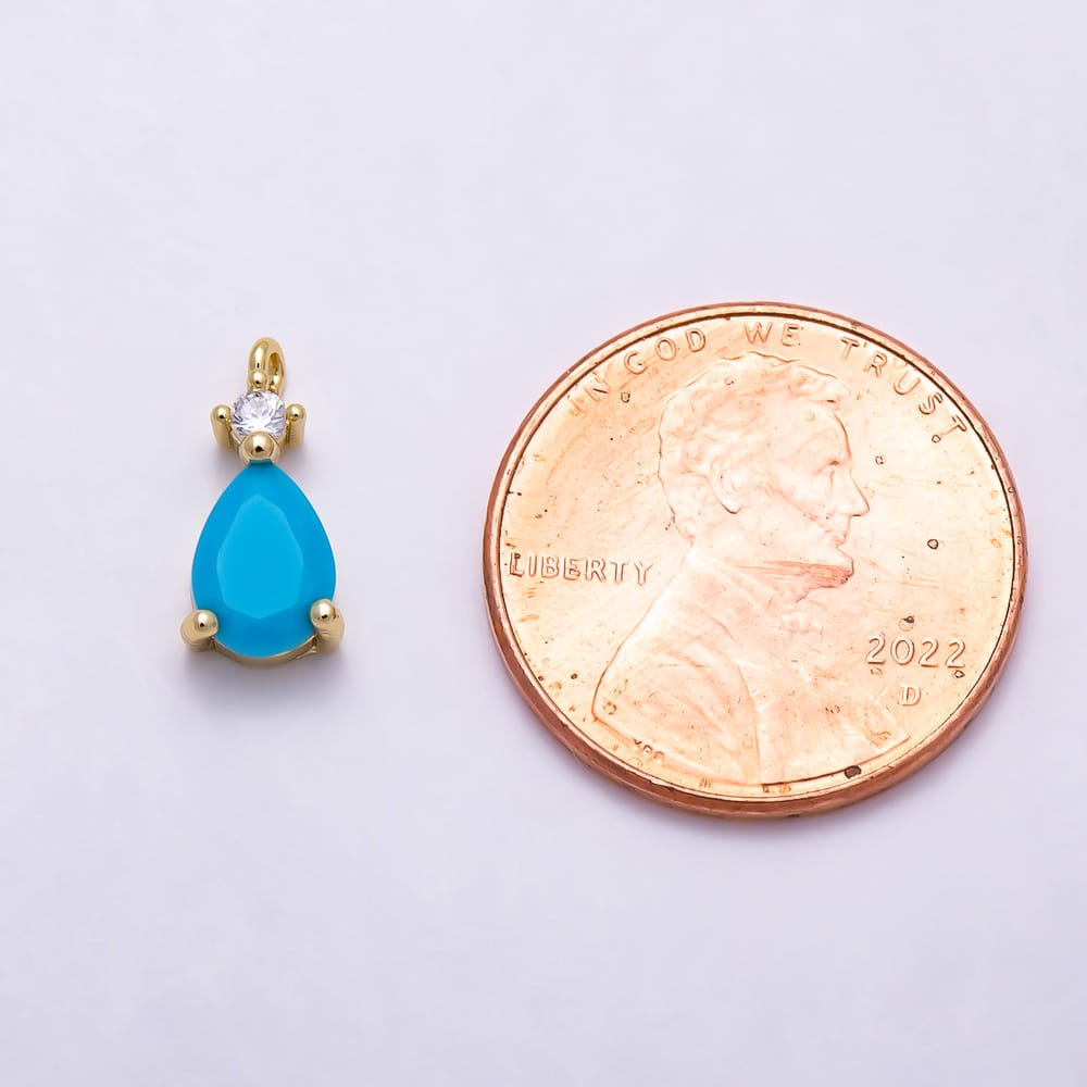 16K Gold Filled 12mm Pear Cut Turquoise Teardrop Clear CZ Accent Pendant | Charms-02109 - Charms-02110