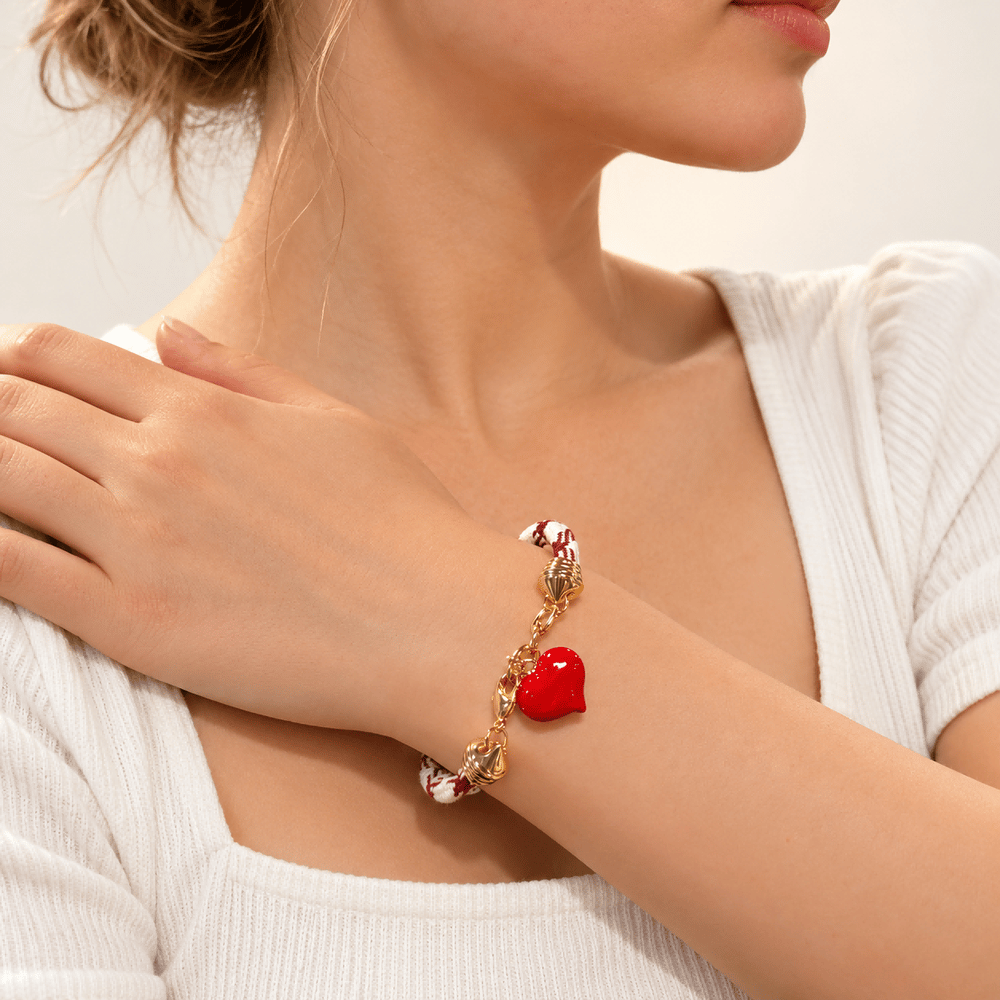 16K Gold Filled 6mm Red Heart Enamel Burgundy White Cotton Cord Paracord Chain Chain 7 Inch Bracelet | WA-02287