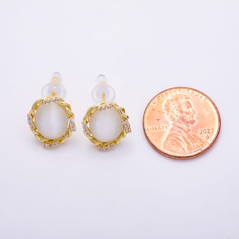 16K Gold Filled 14mm Oval White Cat Eye CZ Twisted Frame Stud Earrings | Earrings-00989 - Earrings-00990