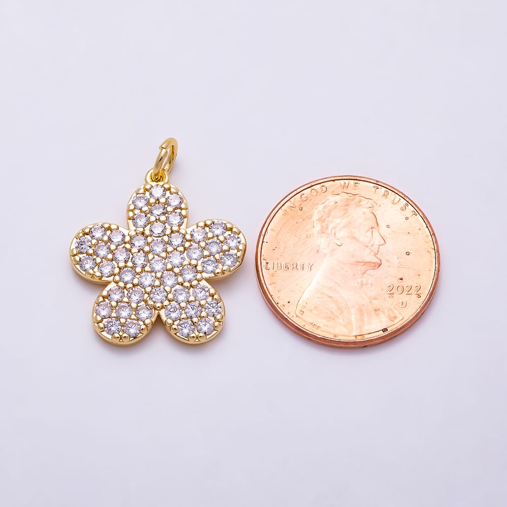 16K Gold Filled 19mm Clear Micro Paved CZ 5-Petal Flower Charms | Charms-02203