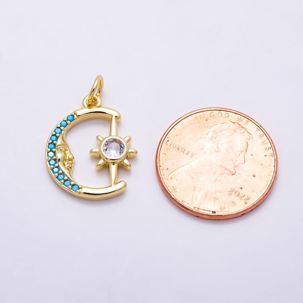 16K Gold Filled 18mm Turquoise CZ Celestial Crescent Moon & Starburst Charm | Charms-02165