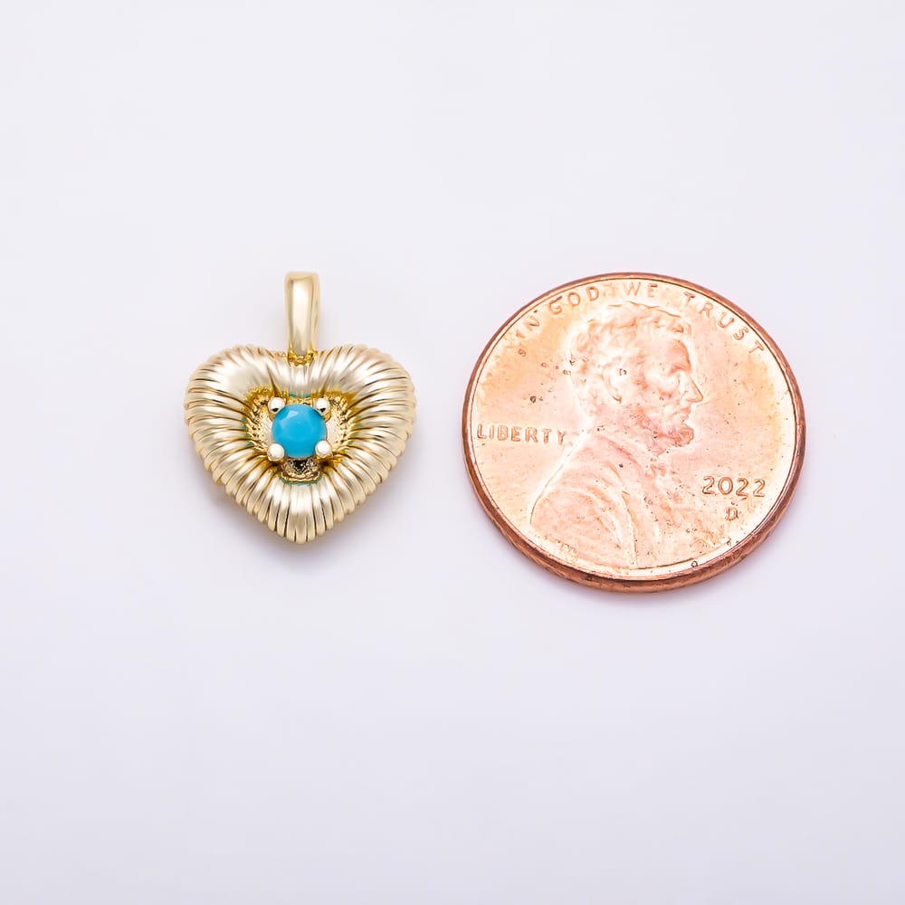 16K Gold Filled 16mm Turquoise Ribbed Geometric Heart Pendant in Gold & Silver | Charms-02204 Charms-02205