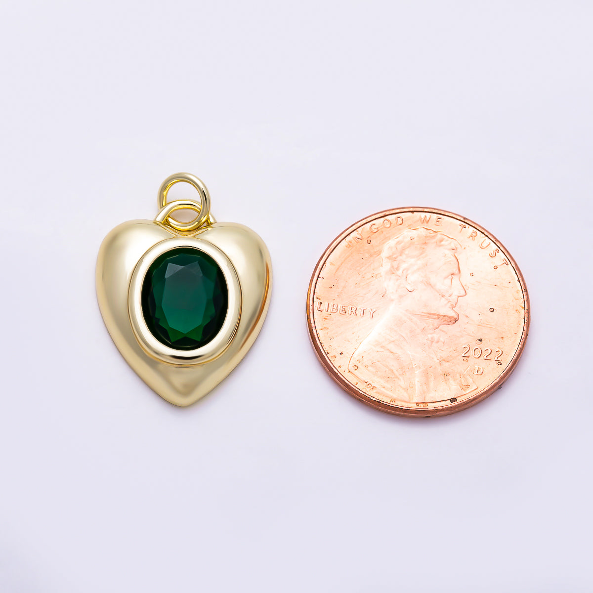 16K Gold Filled 18mm Emerald, Turquoise, and Clear Oval Faceted CZ Puffy Heart Pendant | Charms-01921 - Charms-01923