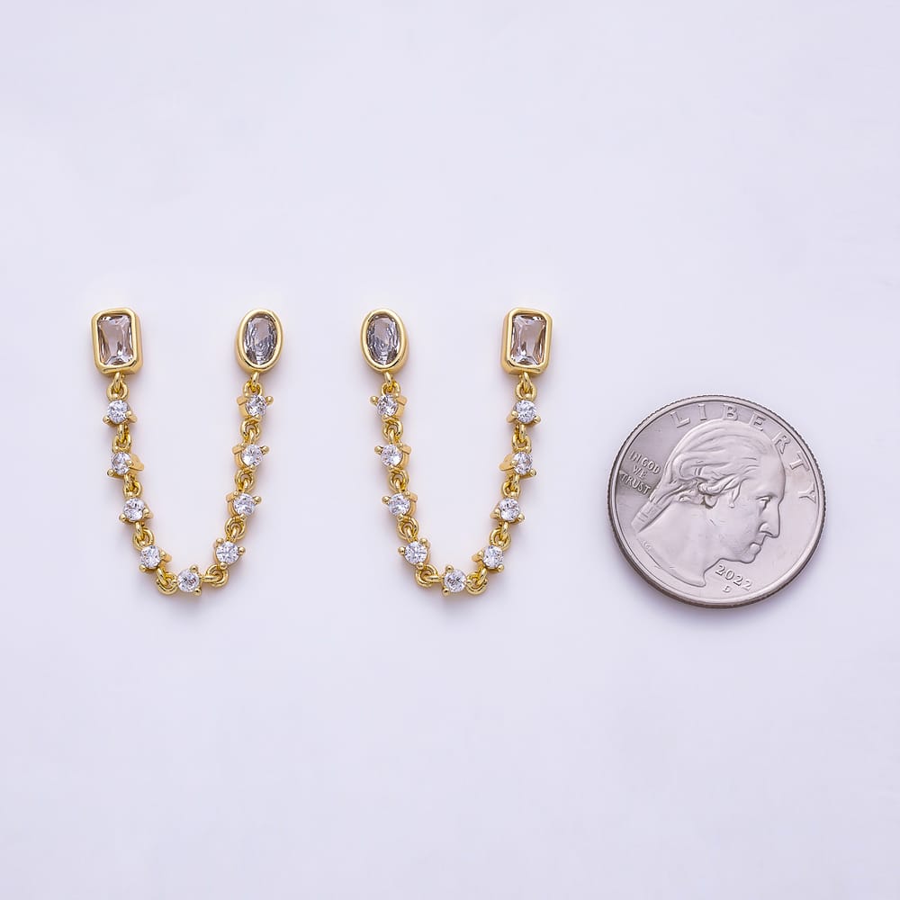 16K Gold Filled 66mm Rectangle & Oval Bezel Cut Clear CZ Double Piercing Tennis Chain Link Stud Earrings | Earrings-00916