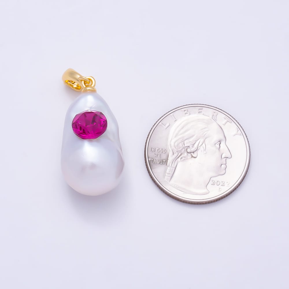16K Gold Filled 28mm Fuchsia, Orange, Blue CZ Baroque Freshwater Pearl Snap Bail Pendant | Charms-02400 ~ Charms-02402