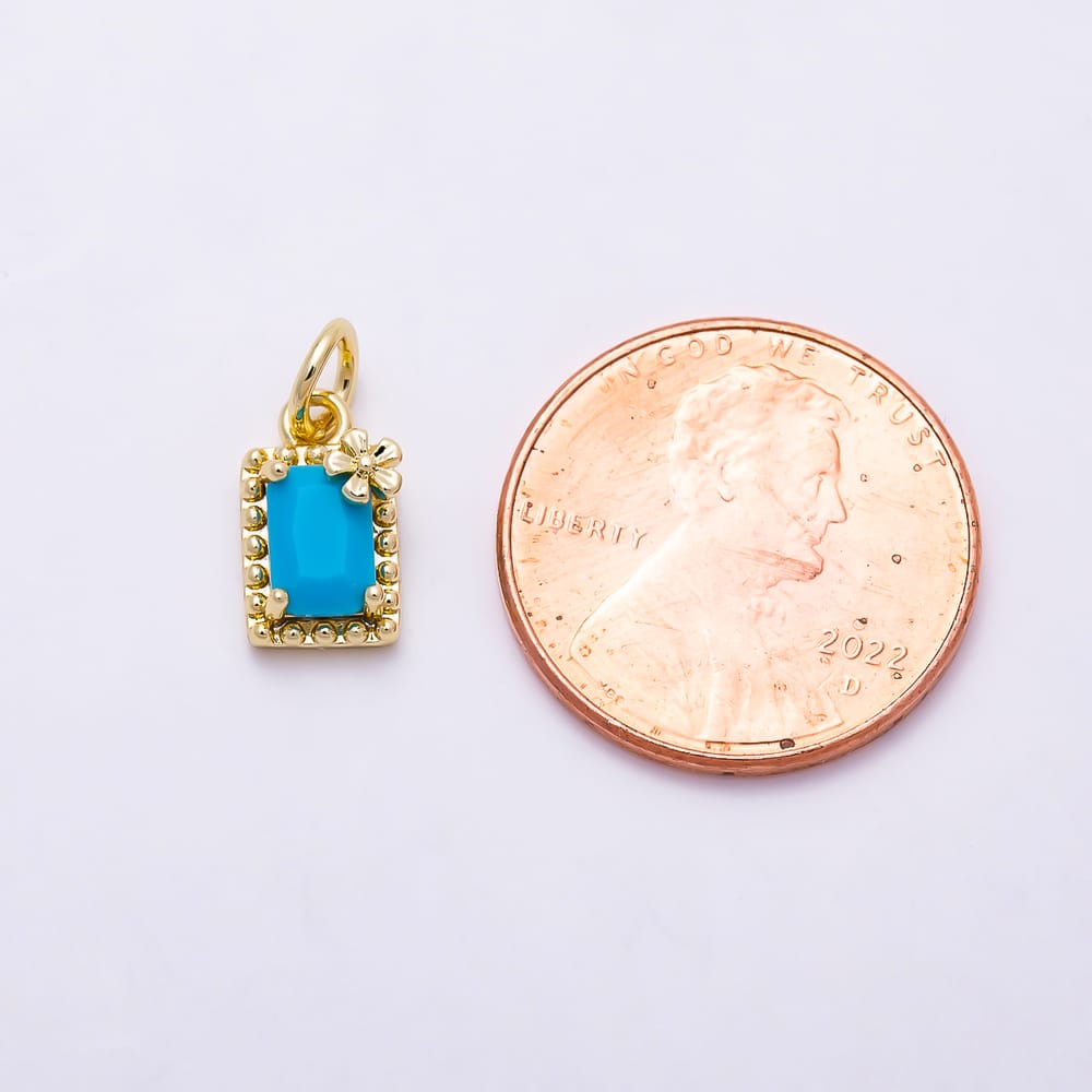16K Gold Filled 11mm Rectangular Turquoise Cut CZ Beaded Floral Accent Charm | Charms-02168