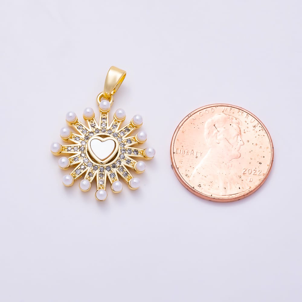16K Gold Filled 22mm Shell Pearl Beaded Heart Mother of Pearl CZ Celestial Sunburst Pendant | Charms-02218