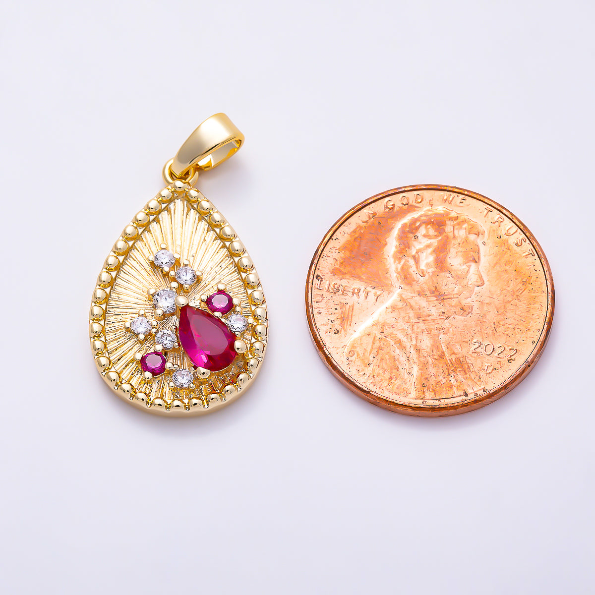 16K Gold Filled 21mm Cluster Fuchsia & Clear CZ Teardrop Sunburst Pendant | Charms-02060