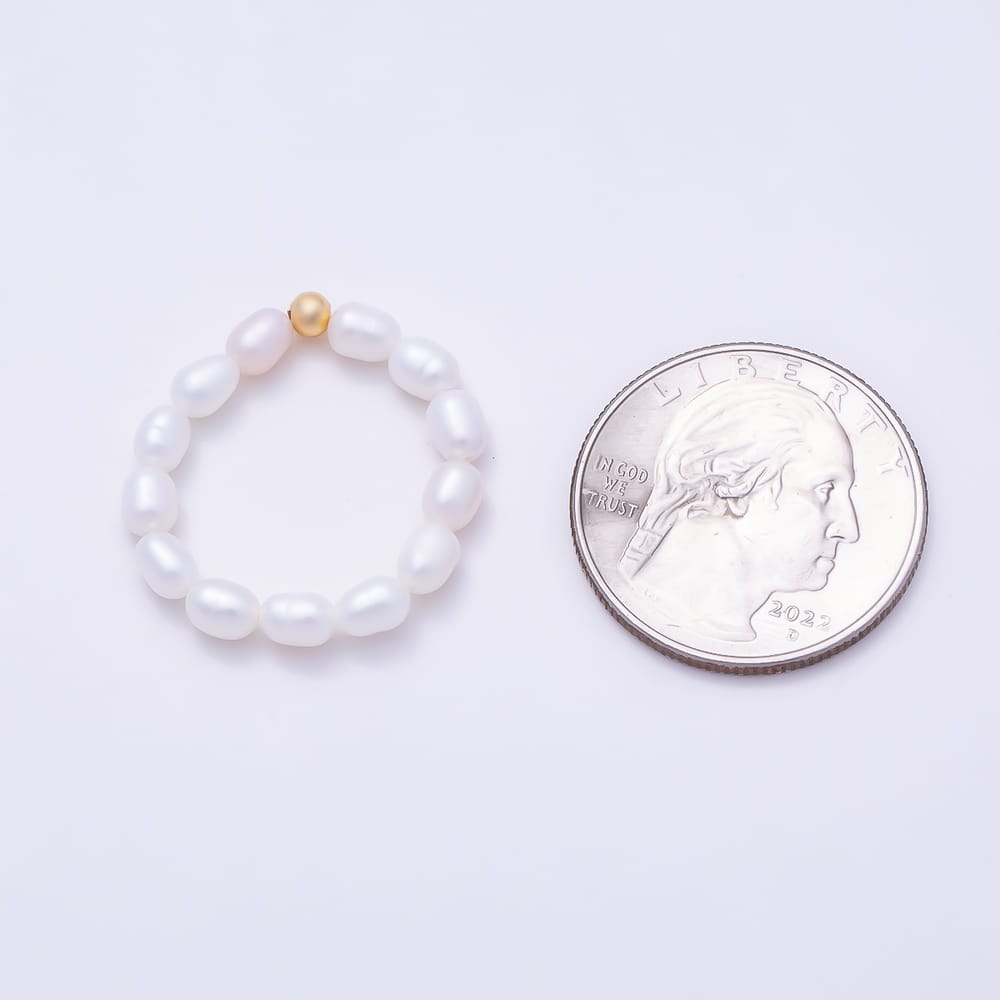 16K Gold Filled White Freshwater Pearl Ringed Oval Bead Adjustable Stretch Ring | Rings-00421