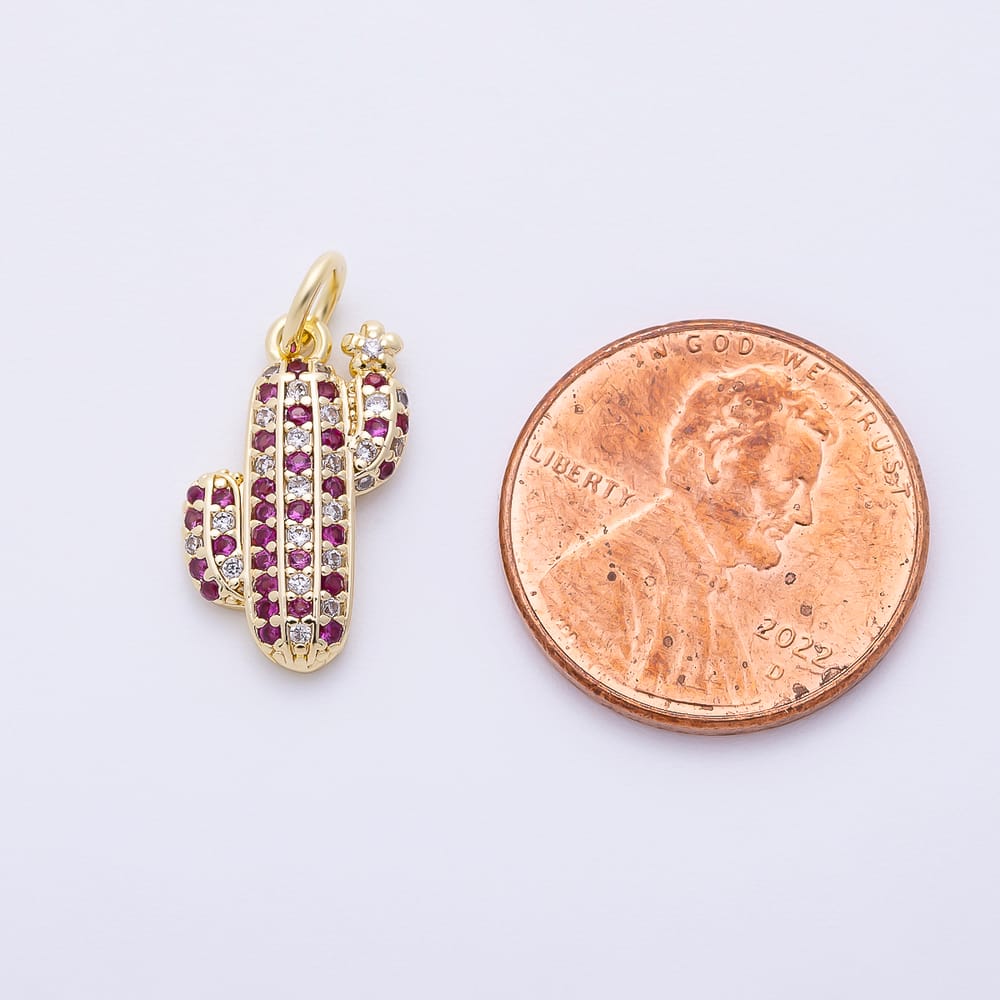16K Gold Filled 16mm Fuchsia Micro Paved Cactus Plant Charm in Gold & Silver | Charms-02475 Charms-02476