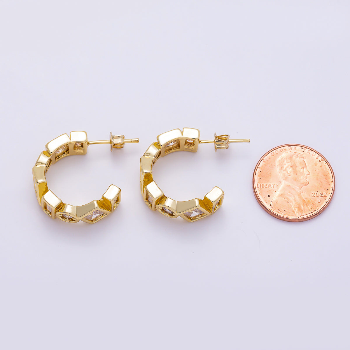 16K Gold Filled 20mm Clear CZ Multi Cut Geometric Bezel C-Shaped Hoop| Earrings-00711