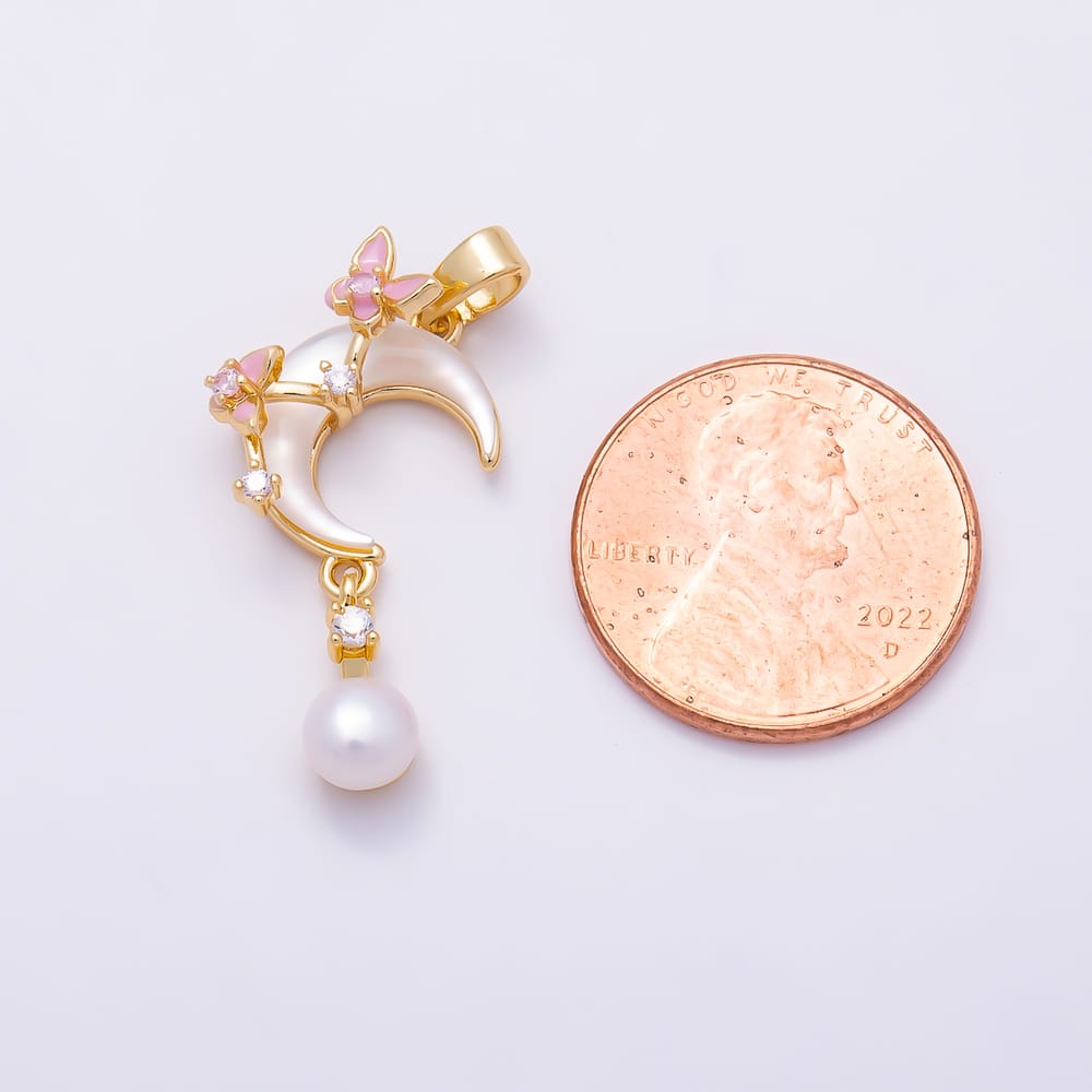 16K Gold Filled 14mm CZ Shell Pearl Drop Celestial Crescent Moon Pendant in Gold & Silver | Charms-02367 Charms-02368
