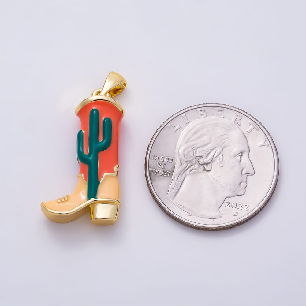 16K Gold Filled 25mm Multicolor Enamel Cactus Cowboy Boot 3D Multidimensional Pendant in Gold & Silver | Charms-02264 Charms-02265